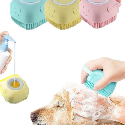 Pet Scrubber Bath Brush Shampoo Dispenser With Soft Silicone Bristles