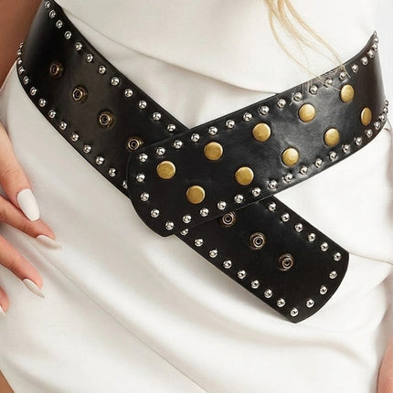 Wide Studded Belt With Brass Accent Adjustable Snap Buttons