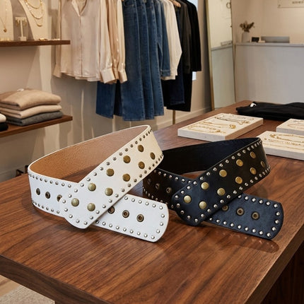 Wide Studded Belt With Brass Accent Adjustable Snap Buttons