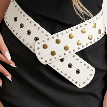Wide Studded Belt With Brass Accent Adjustable Snap Buttons