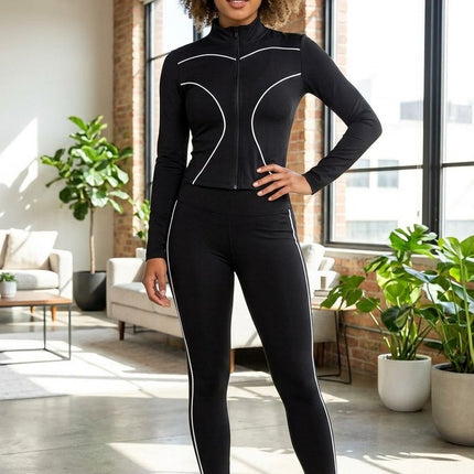Two Piece Activewear Set With Zip Up Jacket And High Waisted Leggings