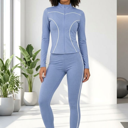 Two Piece Activewear Set With Zip Up Jacket And High Waisted Leggings