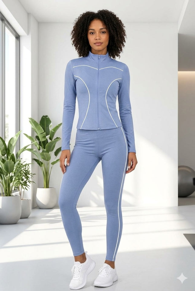 Two Piece Activewear Set With Zip Up Jacket And High Waisted Leggings